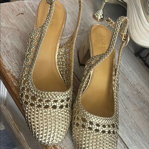 J. Crew Gold Heels with Intricate Woven Design